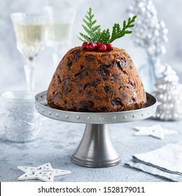 Traditional Christmas pudding, selective focus, square image