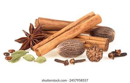 Traditional Christmas spices - cinnamon sticks, star anise, cloves, nutmeg and cardamom pods isolated on a white background. - Powered by Shutterstock