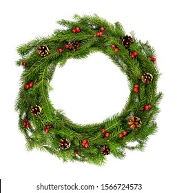 Traditional Christmas Wreath With Pine Cones And Red Berries Isolated On A White Background. Christmas Holiday, New Year, Winter Concept.