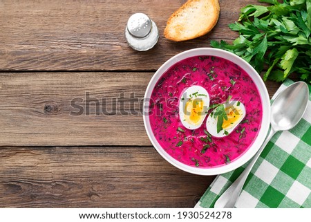 Similar – Image, Stock Photo Tasty beetroot soup borscht. Top view, flat lay