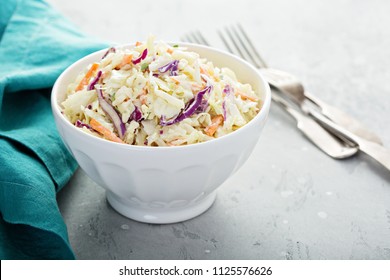 Traditional Cole Slaw Salad In A White Bowl