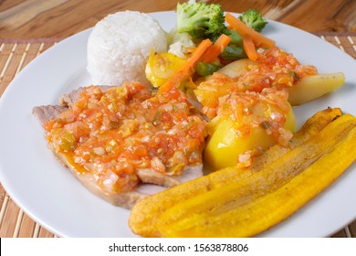 Traditional Colombian Food  
With Fried Banana, Rice, Arepa And Vegetables