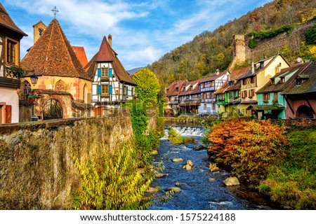 Traditional colorful houses in Kaysersberg, Alsace, one of the most beautiful villages of France
