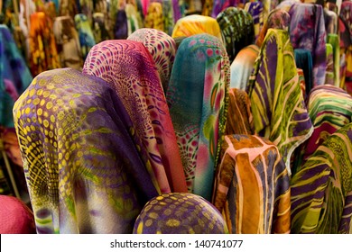 Traditional, colorful, Malaysian Batik fabrics sold at a market in Kuala Terenganu, Malaysia.
