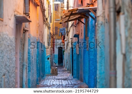 Traditional colorful small streets of the old town, medina district in Casablanca, Morocco