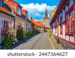 Traditional colorful street in Swedish town Ystad.