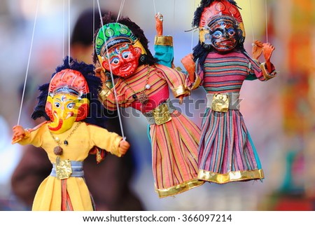 Traditional colorist nepalese paper mache puppets on strings for sale in a souvenir shop in the Thamel area of Kathmandu city. Kathmandu district-Bagmati zone-Nepal