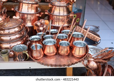 Traditional Copper Dishes In Historical Market (Bazaar) In Isfahan, Iran