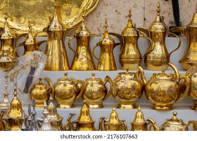 Traditional copper utensils of Arabian coffee in Saudi Arabia  - Shutterstock ID 2176107663