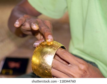 Traditional Craft Work Attaching A Layer Of Thin Gold  To Make Lacquer Ware