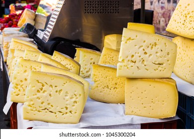 Traditional Cretan Graviera Cheeses On Sale In Chania Market, Crete, Greece