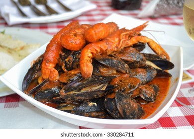 Traditional Croatia Food From Istria Region - Adriatic Sea Shrimps In Red Wine Buzara Sauce