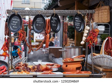 Traditional Croatian Food Display At The Zagreb Advent Market. Sausage (Kobasica) And Pork Hock (Buncek) Are The Highlights