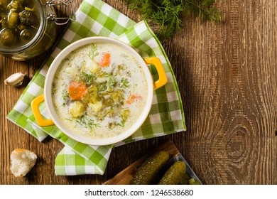 Traditional Cucumber Soup With Pickled Cucumbers. Top View.