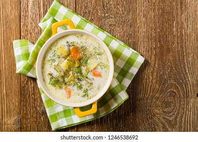 Traditional Cucumber Soup With Pickled Cucumbers. Top View.