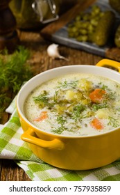 Traditional Cucumber Soup With Pickled Cucumbers. Front View.