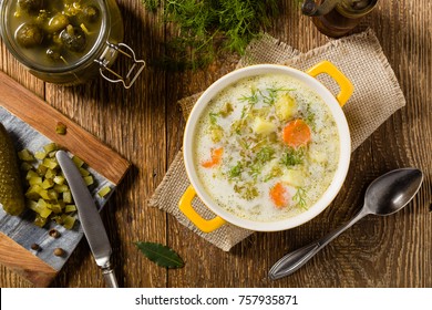 Traditional Cucumber Soup With Pickled Cucumbers. Top View.