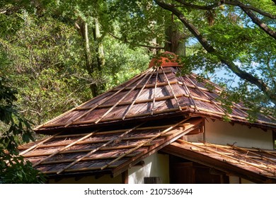 The Traditional Cypress Bark Covered Roof Of The Old Tea House At The Territory Of Nagoya Castle. Nagoya. Japan