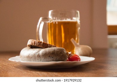 Traditional Czech Food Products, Beer, Tripe Sausage, Garlic, Pivo A Jitrnice