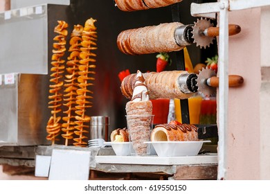 Traditional Czech Trdelnik On A Showcase In Prague Shop