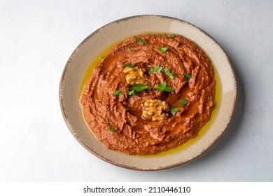 Traditional Delicious Turkish Appetizer, Muhammara, Healthy Walnut And Roasted Red Bell Pepper Dip.