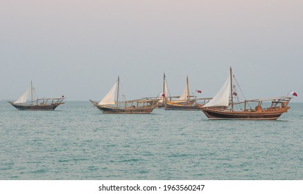 Traditional Dhow Boats In Dhow Festival, Doha Qatar.