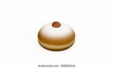 Traditional donut 'sufganiyah' isolated on white background, front view. Hanukkah celebration treat, studio image. Chocolate cream filling, fresh baked doughnut, top view. - Shutterstock ID 2058933101