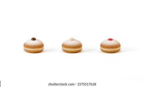 Traditional Donuts 'sufganiyah' Isolated On White Background, Front View.Hanukkah Fresh Bakery Doughnut. Polish, Croatian Pastry Donut With Jam, Chocolate, Vanilla Toppings, Hanukkah Dessert.