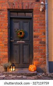 Traditional Door With Halloween Decorations In Denmark