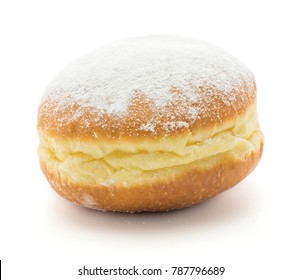 Traditional Doughnut (Sufganiyah) Isolated On White Background One Fresh Baked With Powered Sugar And Without Hole
