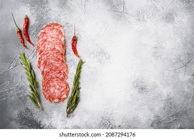 Traditional Dry Cured Milano Salami Set, On Gray Stone Table Background, Top View Flat Lay, With Copy Space For Text