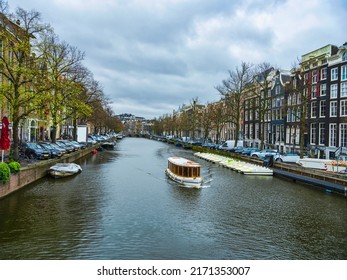 Traditional Dutch buildings on canal side in Amsterdam, Netherlands