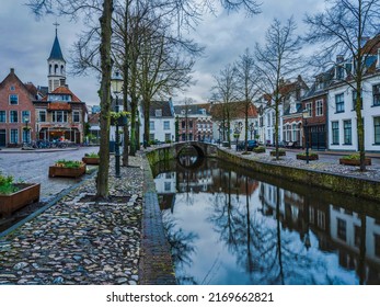 Traditional dutch houses on both sides of the canal in Amersfoort, Netherlands