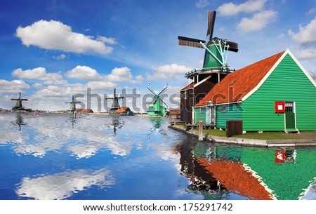 Traditional Dutch windmills with canal close the Amsterdam, Holland