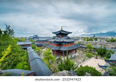 Traditional East Asian architecture with red, pagoda-style roofs, surrounded by lush greenery and a dramatic cloudy sky. - Powered by Shutterstock