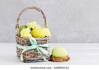 Traditional Easter basket with eggs.