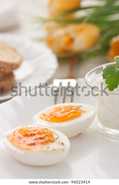Traditional Easter Breakfast Table Setting Boiled Stock Photo