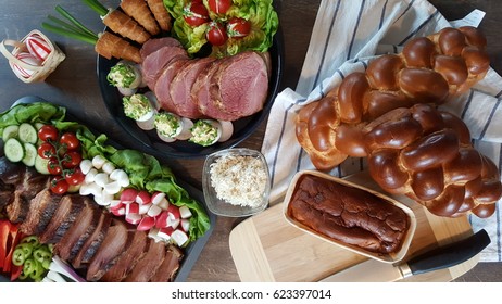 Traditional Easter Cooking - Ham, Vegetable, Eggs And Brioche