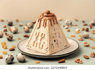 Traditional Easter cottage cheese dessert Paskha decorated with caramel, nuts, raisins and quail eggs on pastel background. Modern minimalistic Easter background with copy space for your design.