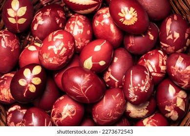 Traditional easter eggs dyed in onion peel. Light Easter holiday. Religious traditions.