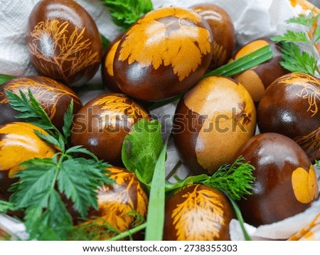 Traditional Easter eggs dyed with onion skins and leaf imprint