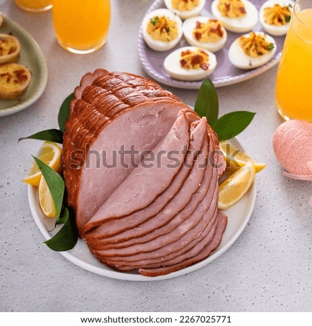 Traditional Easter ham on the table served with Easter brunch