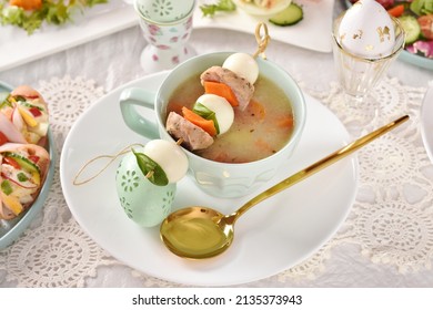 Traditional Easter White Borscht With Quail Egg, Carrot And Sausage Skewer