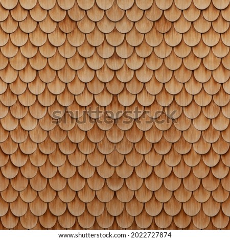 Traditional ecological  consistent cladding of a wall with brown wooden larch fish scales, wood shingles, clapboard, clapboard texture background square 3D scindula in Voralberg