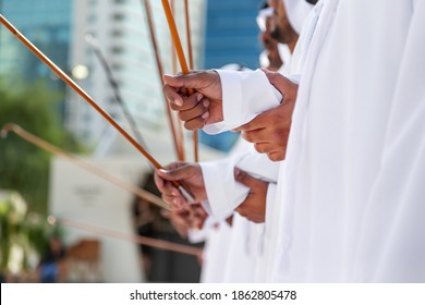 Traditional Emirati Al Ayalah Male Dance, UAE Heritage, Hands In Frame