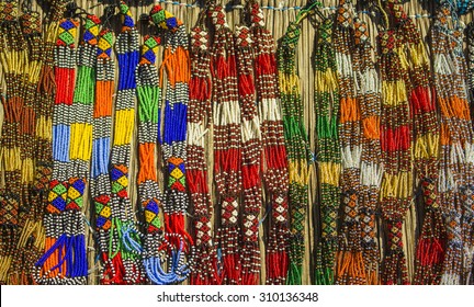 Traditional Ethnic African Handmade Colorful Beads Necklace. Unique Craftsmanship. Local Craft Market In South Africa.