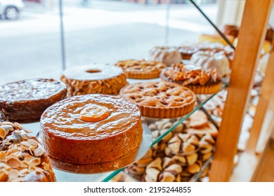 Traditional European Bakery Shop Interior, Cake Pastry And Bread Window Display, Pie, Chocolate Biscuit Cookie, Almond Bread