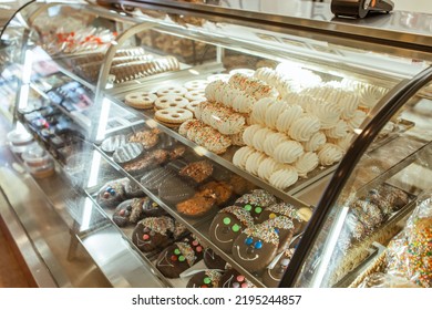 Traditional European Bakery Shop Interior, Cake Pastry, �clair, Citrus Cake, Meringue, Chocolate Biscuit Cookie, Pie, Fruit Tarts Window Display