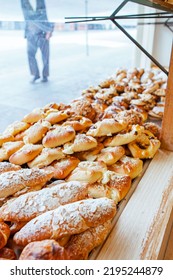 Traditional European Bakery Shop Interior, Cake Pastry And Bread Window Display, �clair, Citrus Cake, Chocolate Biscuit Cookie, Almond Bread