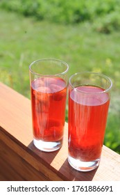 Traditional European Non-alcoholic Fruit Beverage Compote Made From Strawberries And Rhubarb In Summer